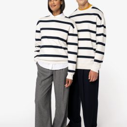 Ecologische gestreepte uniseks sweater met ronde hals en afhangende schouders